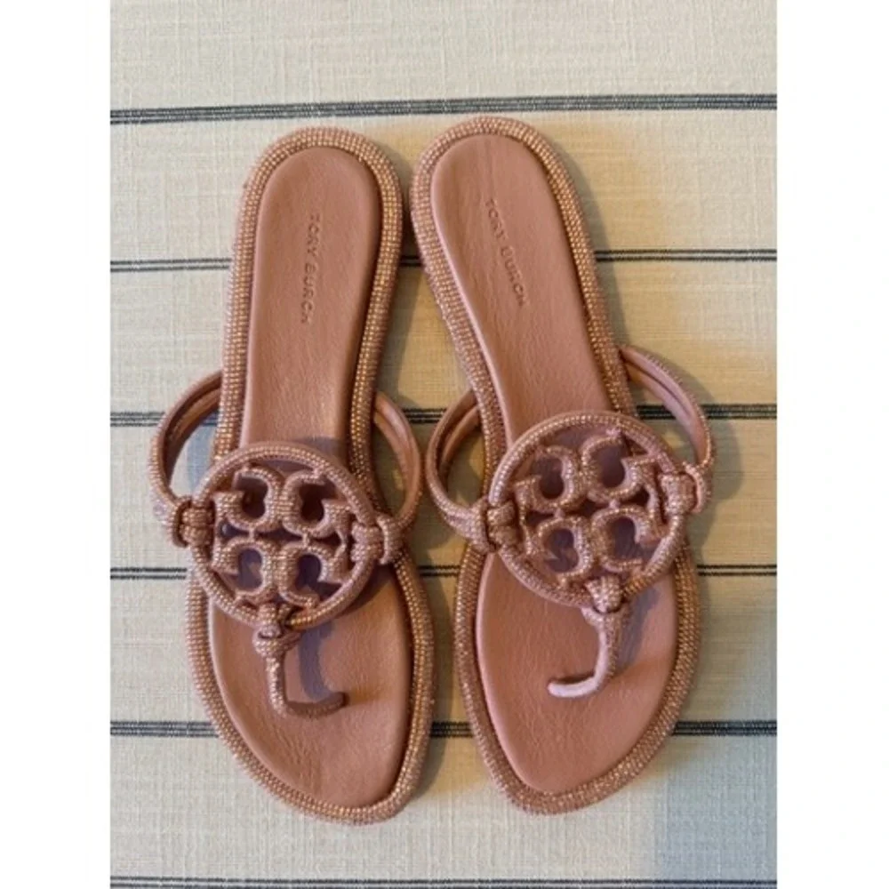 Authentic Tory Burch Miller Crystal Sandals Rose Gold Pink Embellished Flat 9.5M